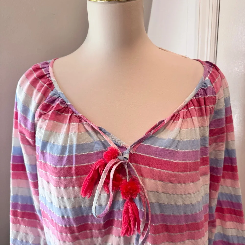 J. Crew Multi color Striped Pheasant Tassel Metallic Long Sleeve Blouse | XS